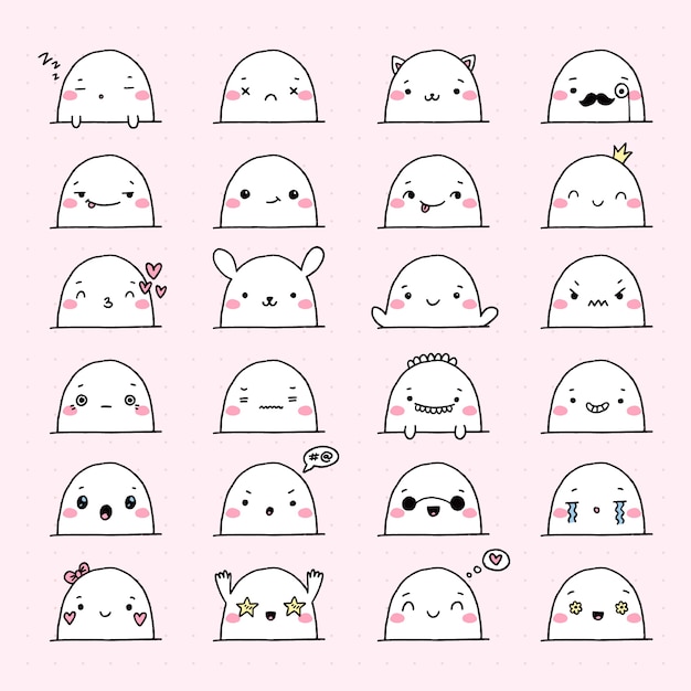 Colección de caras kawaii dibujadas a mano