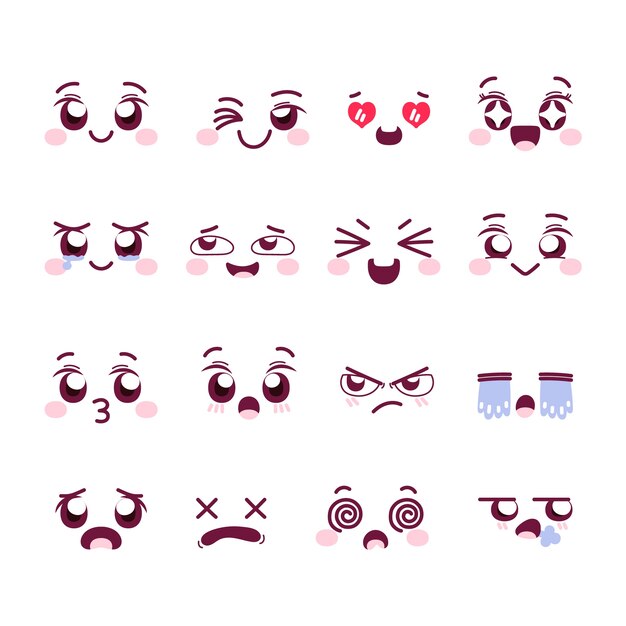 Colección de caras kawaii dibujadas a mano