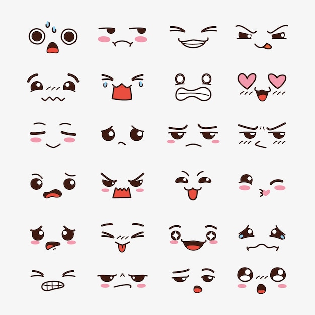 Colección de caras kawaii dibujadas a mano