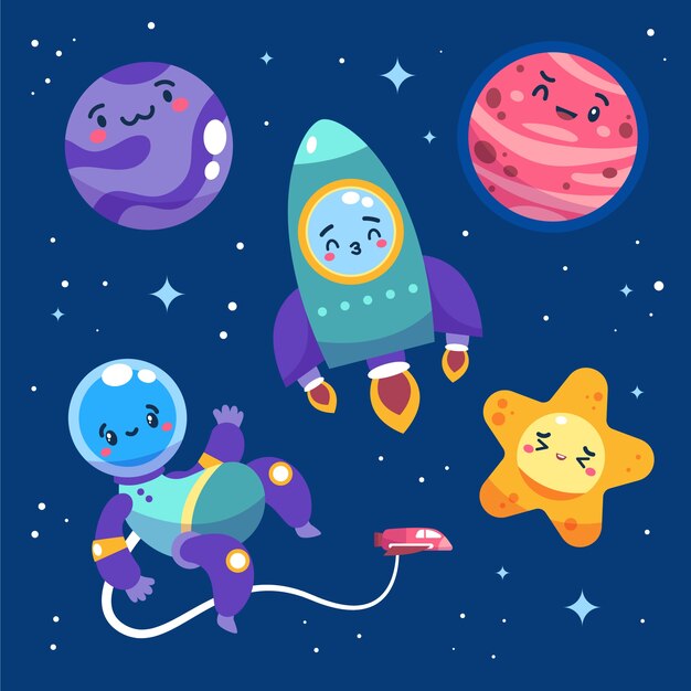 Colección caras kawaii diseño plano dibujado a mano