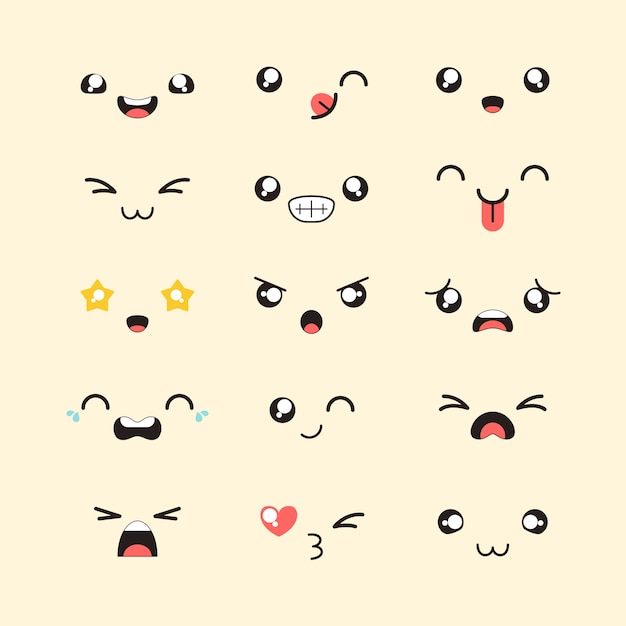 Colección caras kawaii diseño plano dibujado a mano
