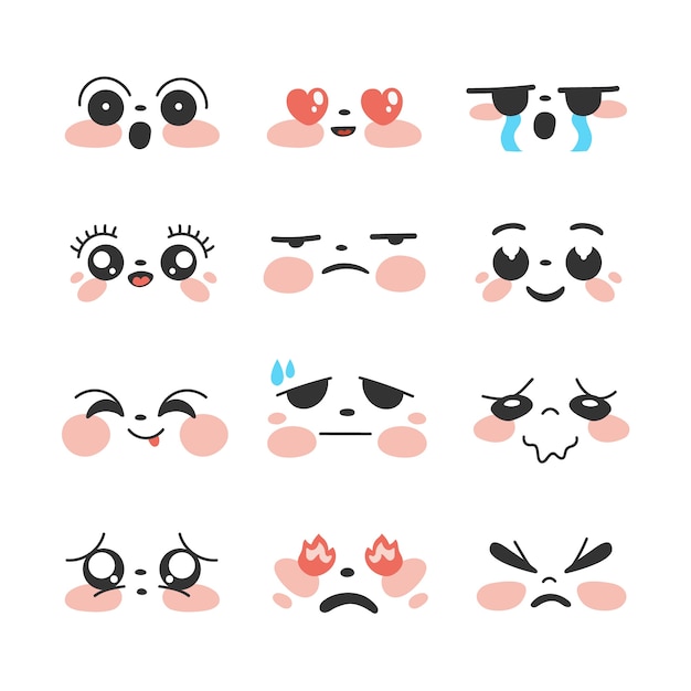 Colección caras kawaii diseño plano dibujado a mano