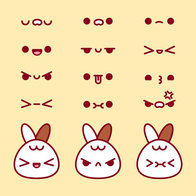 Colección caras kawaii diseño plano dibujado a mano