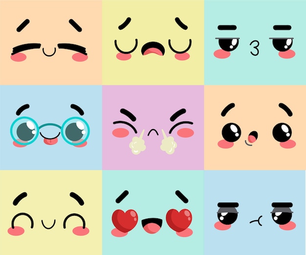 Colección caras kawaii diseño plano dibujado a mano