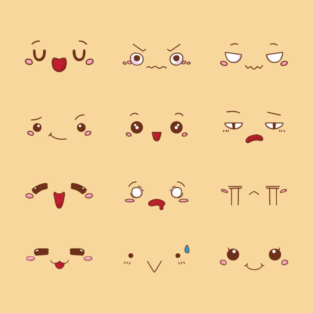 Colección caras kawaii diseño plano dibujado a mano