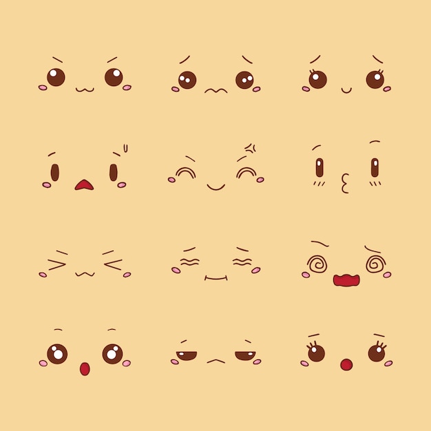 Colección caras kawaii diseño plano dibujado a mano
