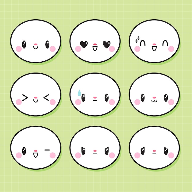 Colección caras kawaii diseño plano dibujado a mano