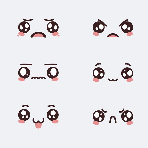 Colección caras kawaii planas dibujadas a mano