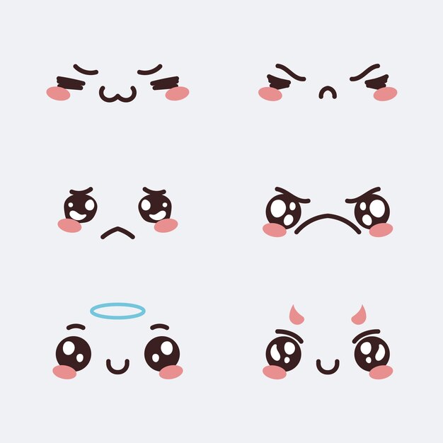 Colección caras kawaii planas dibujadas a mano