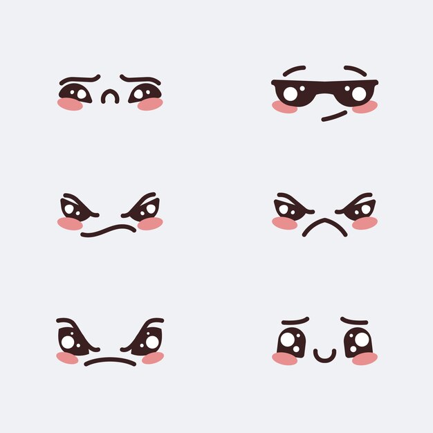 Colección caras kawaii planas dibujadas a mano