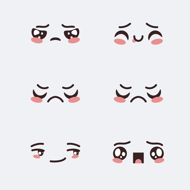 Colección caras kawaii planas dibujadas a mano