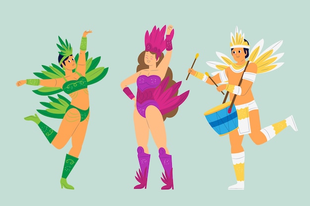 Colección de carnaval brasileño personas bailando con plumas y tambores