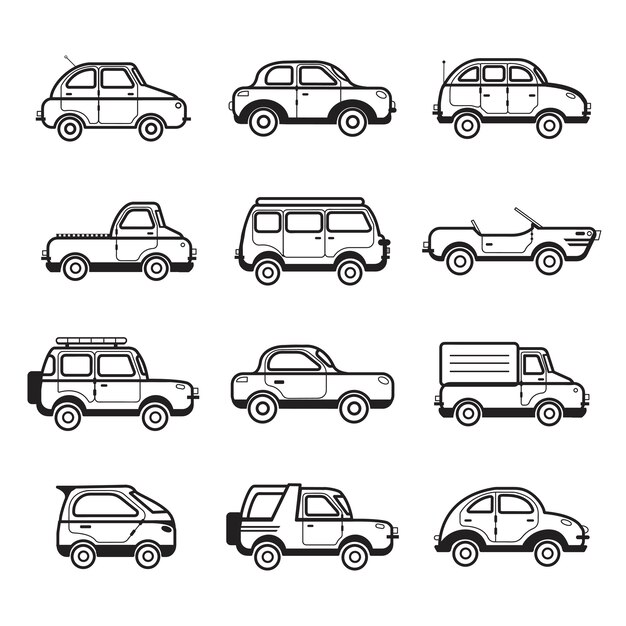 Colección de carros y camiones de ilustración.