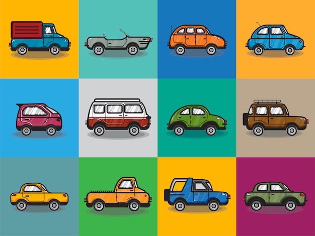Vector gratuito colección de carros y camiones de ilustración.