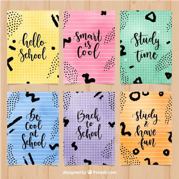 Vector gratuito colección de cartas de vuelta al colegio con lettering