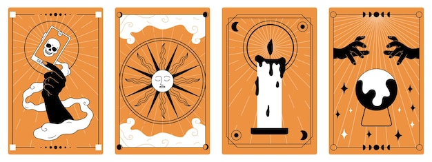 Vector gratuito colección de carteles místicos en estilo boho con símbolos de muerte de velas solares sobre fondo naranja ilustración vectorial plana aislada