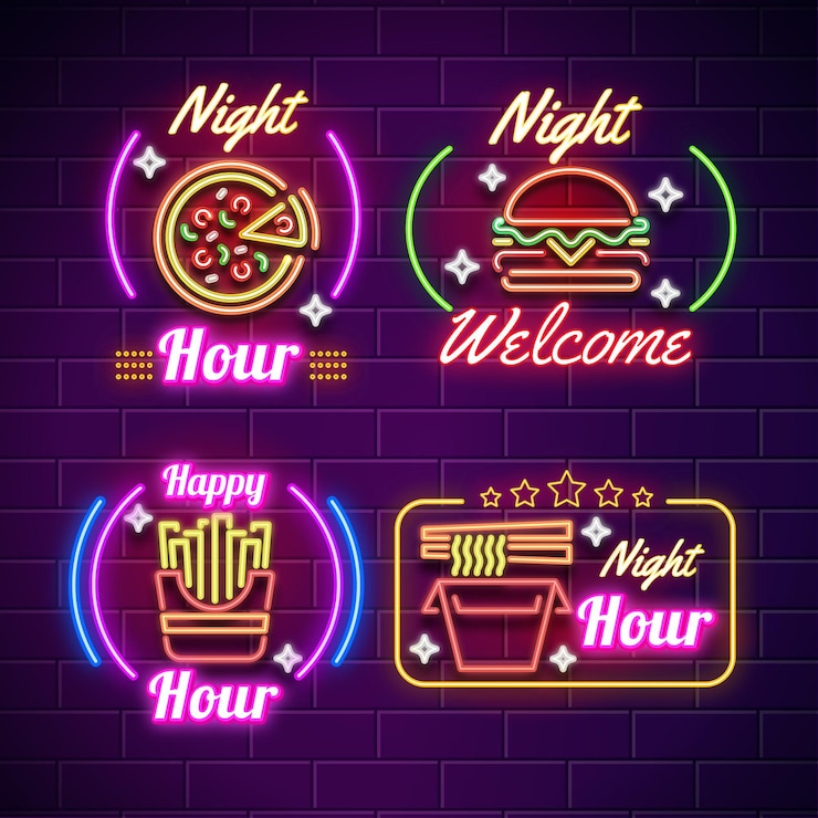 Vector gratuito colección de carteles de neón para pub o restaurante.