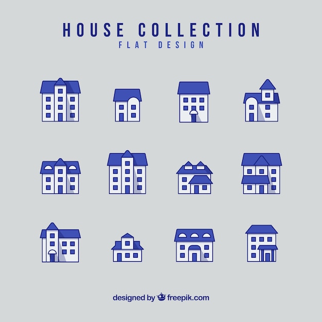 Vector gratuito colección de casas azules en diseño plano