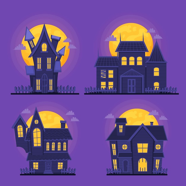 Colección de casas embrujadas de halloween planas dibujadas a mano