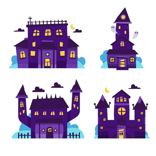 Colección de casas embrujadas de halloween planas dibujadas a mano