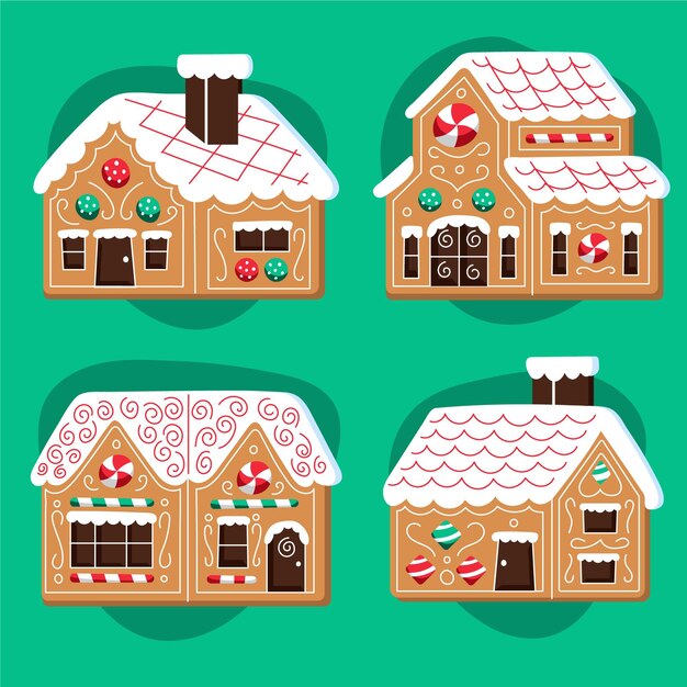 Colección de casas de jengibre navideñas planas dibujadas a mano