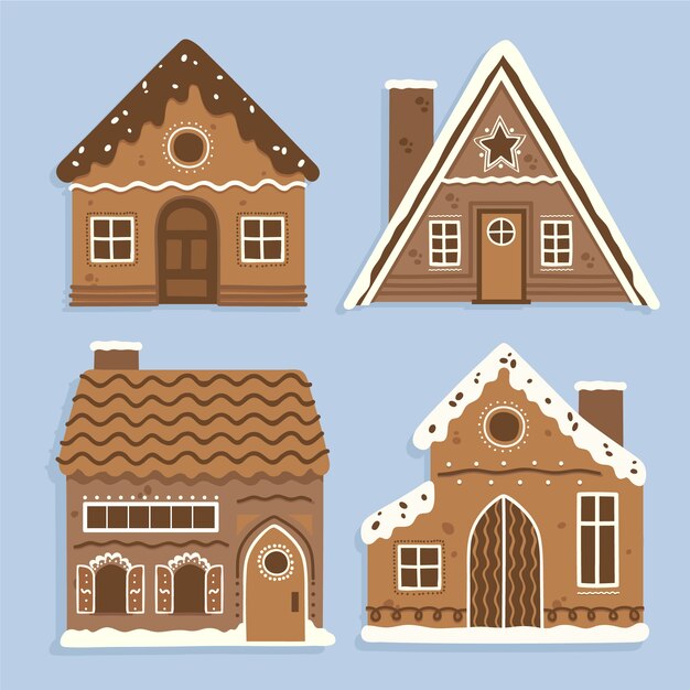 Colección de casas de jengibre navideñas planas dibujadas a mano