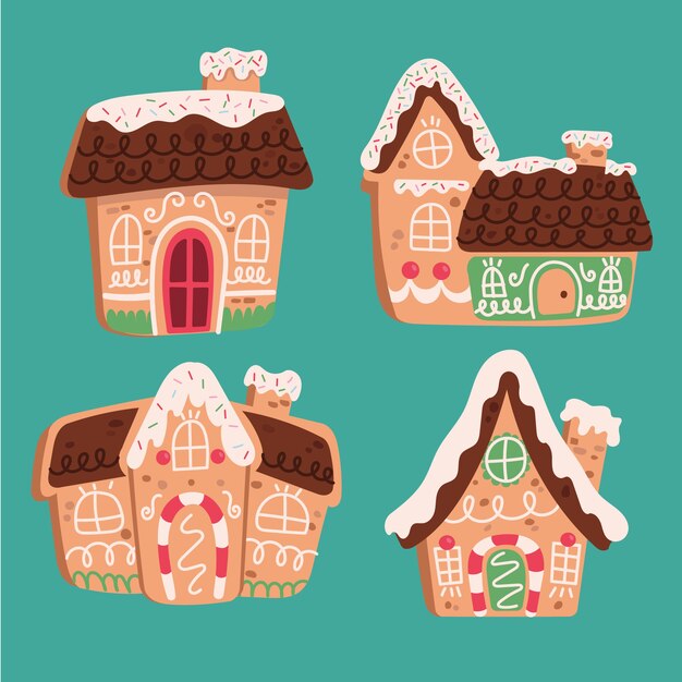 Colección de casas de jengibre navideñas planas dibujadas a mano