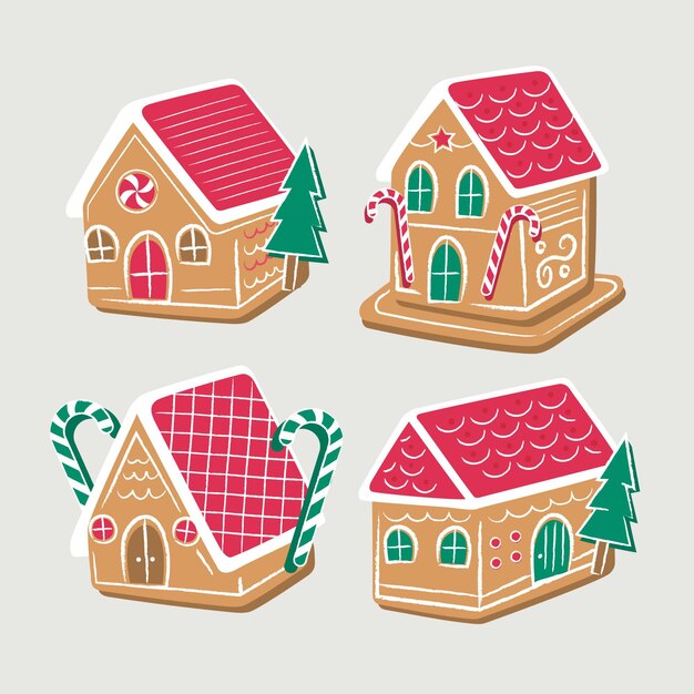 Colección de casas de pan de jengibre dibujadas a mano
