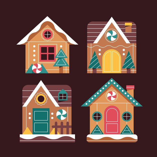 Colección de casas de pan de jengibre navideñas planas