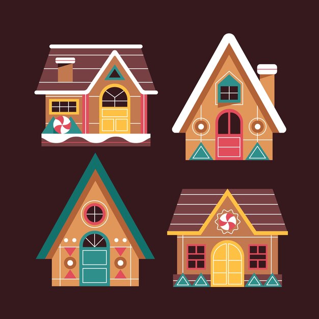 Colección de casas de pan de jengibre navideñas planas