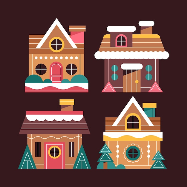 Colección de casas de pan de jengibre navideñas planas