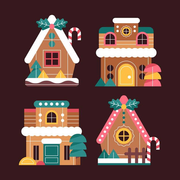 Colección de casas de pan de jengibre navideñas planas