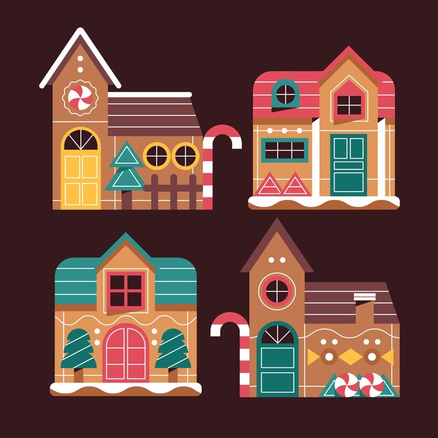 Colección de casas de pan de jengibre navideñas planas