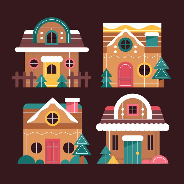Colección de casas de pan de jengibre navideñas planas