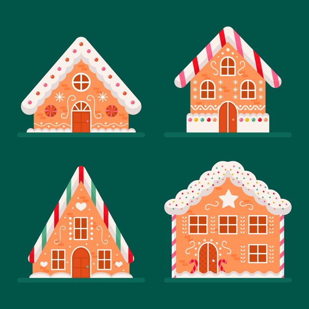 Colección de casas de pan de jengibre navideñas planas