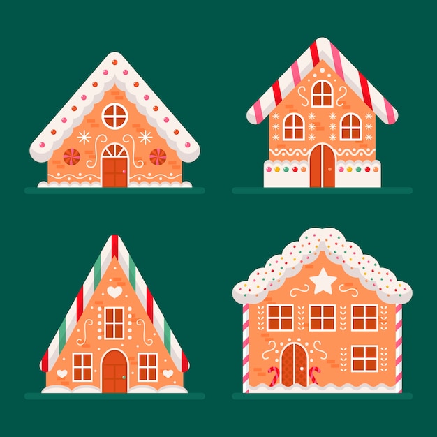 Colección de casas de pan de jengibre navideñas planas