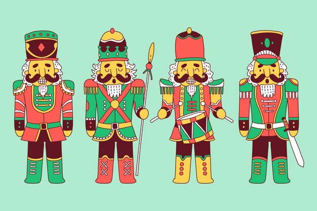 Colección cascanueces navideños dibujados a mano