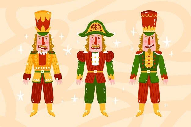 Colección cascanueces navideños planos dibujados a mano