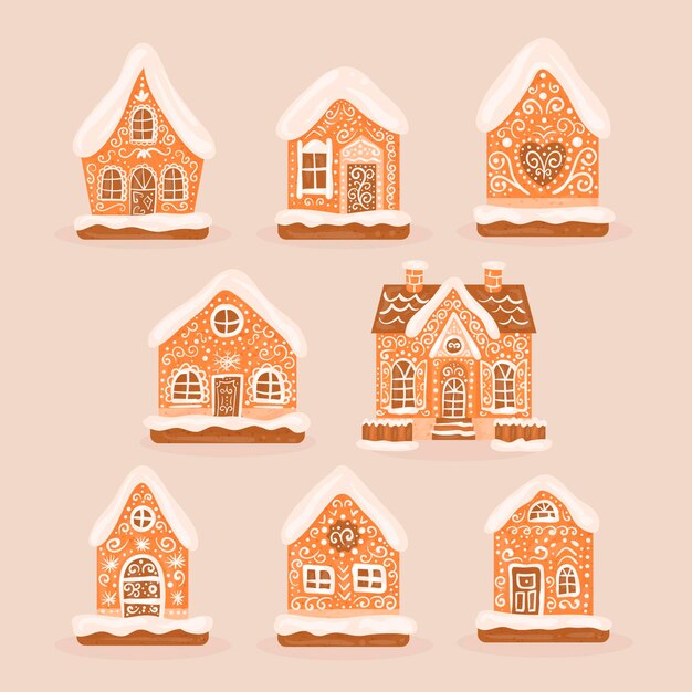 Colección casitas de jengibre dibujadas a mano