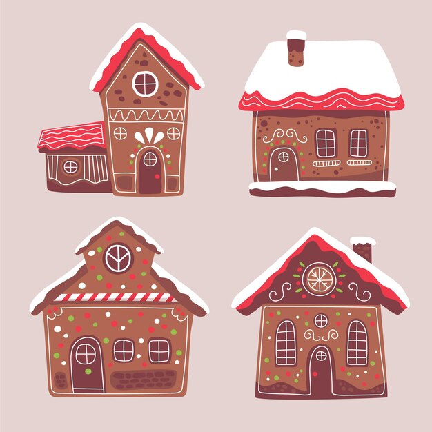 Colección casitas de jengibre dibujadas a mano