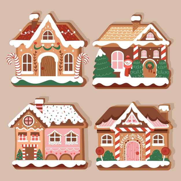 Colección casitas de jengibre dibujadas a mano
