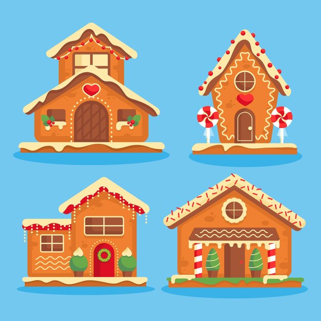 Colección de casitas de jengibre en diseño plano