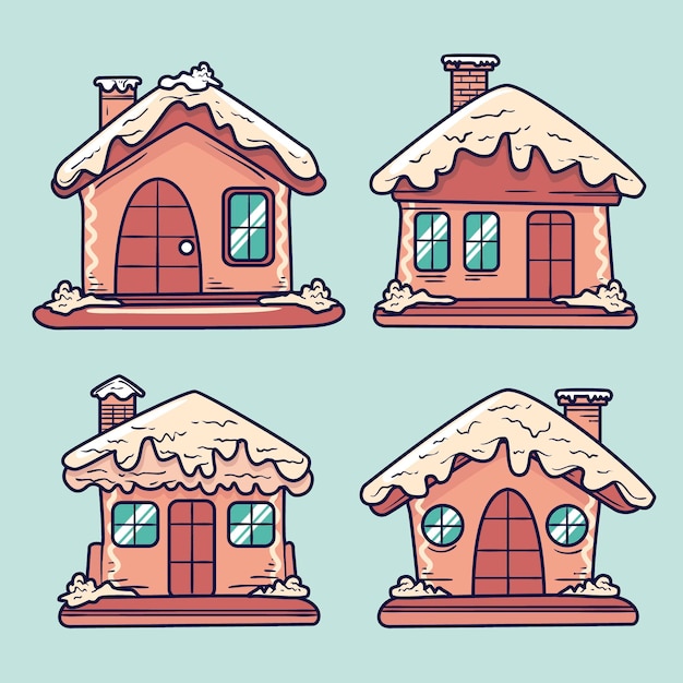 Colección de casitas de jengibre navideñas dibujadas a mano
