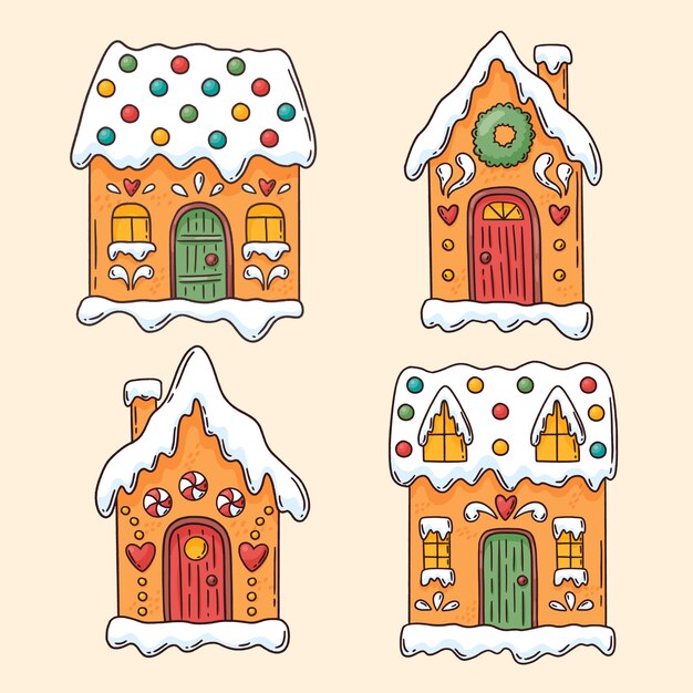 Colección de casitas de jengibre navideñas dibujadas a mano