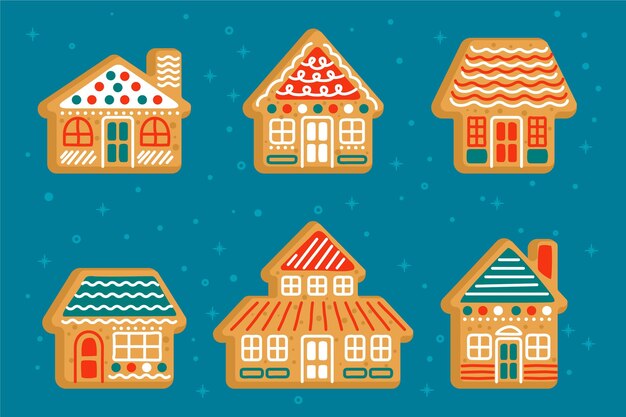 Colección casitas de jengibre planas dibujadas a mano