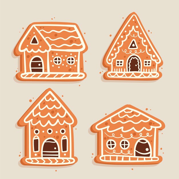Colección casitas de jengibre planas dibujadas a mano