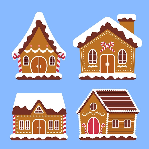 Colección casitas de jengibre planas dibujadas a mano