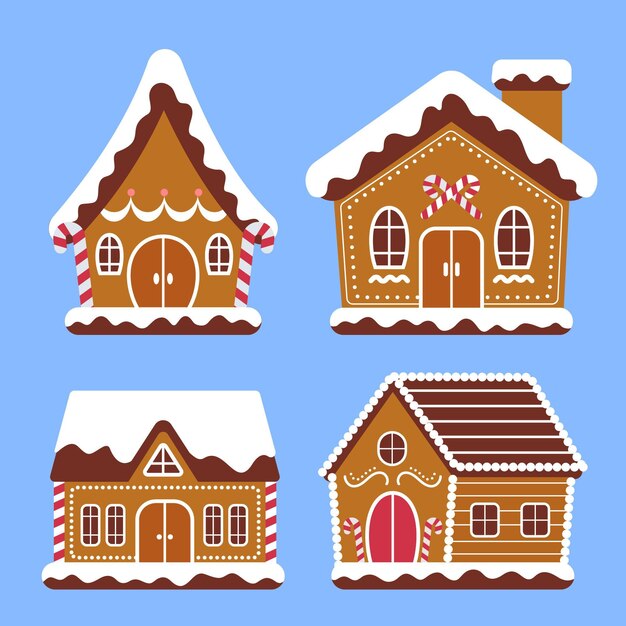 Colección casitas de jengibre planas dibujadas a mano