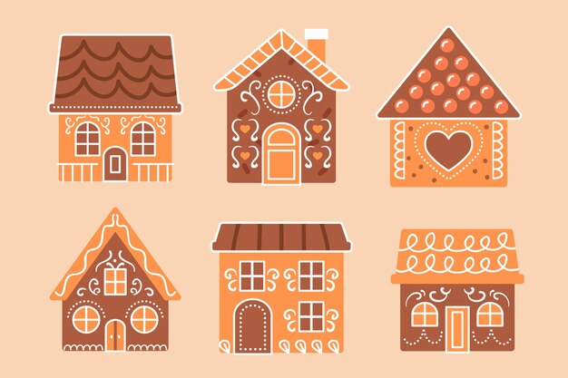 Colección casitas de jengibre planas dibujadas a mano