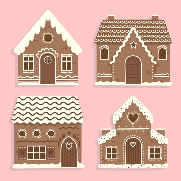 Colección casitas de jengibre planas dibujadas a mano